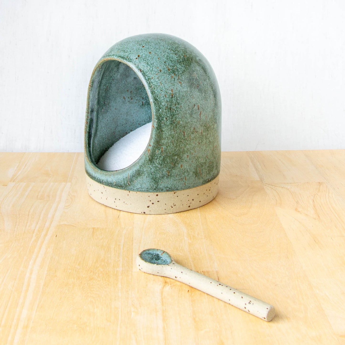 Salt Pig With Spoon Green Stone