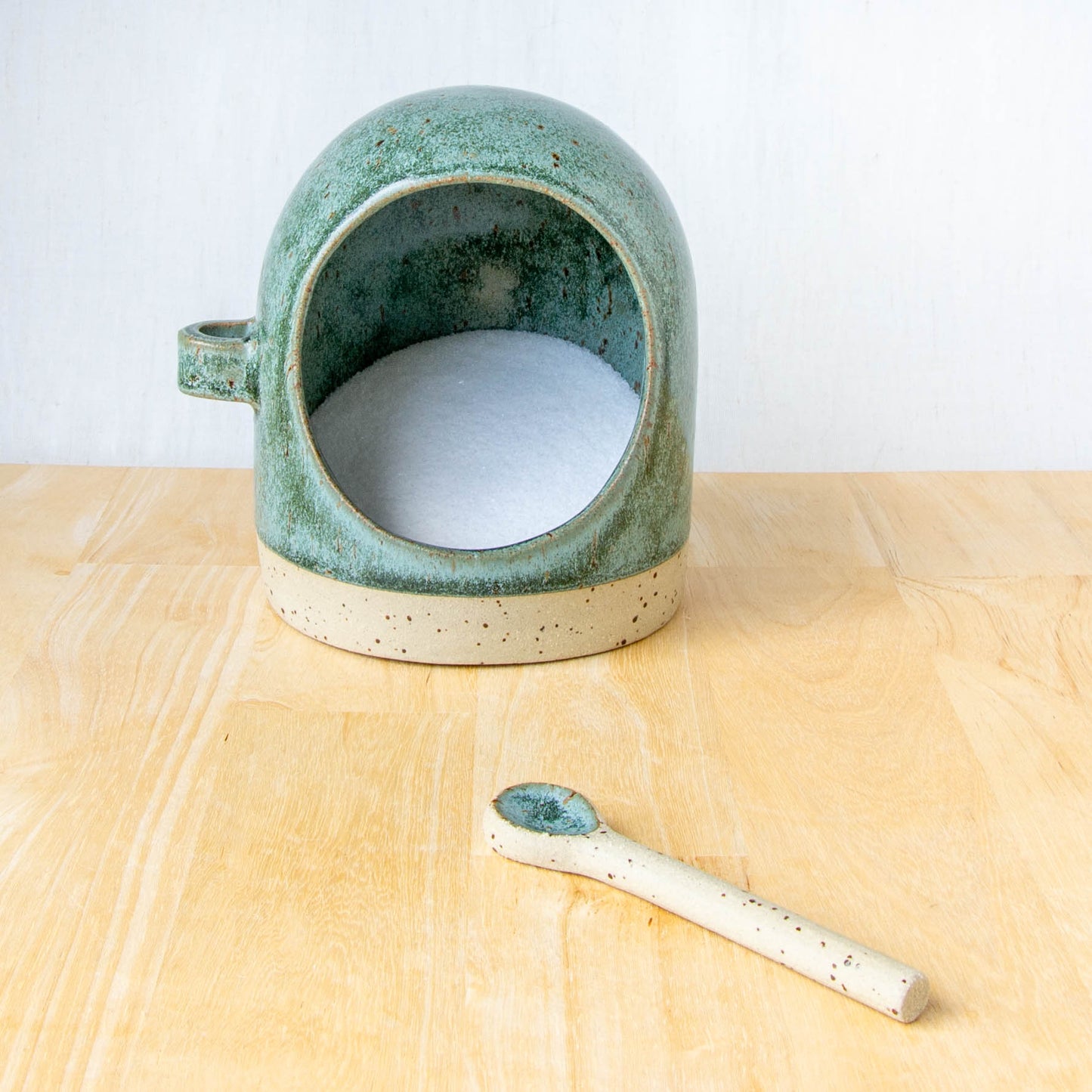 Salt Pig With Spoon Green Stone
