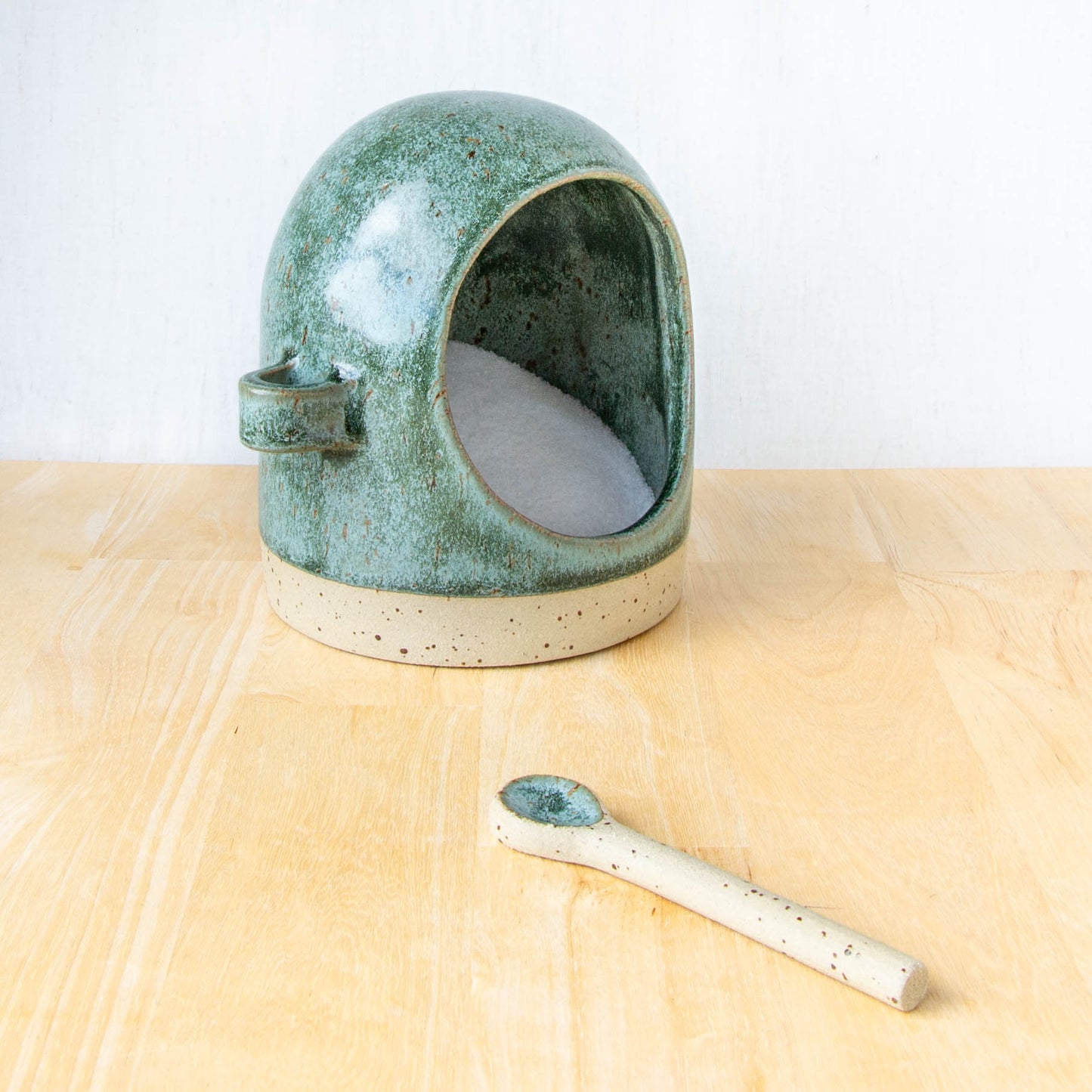Salt Pig With Spoon Green Stone