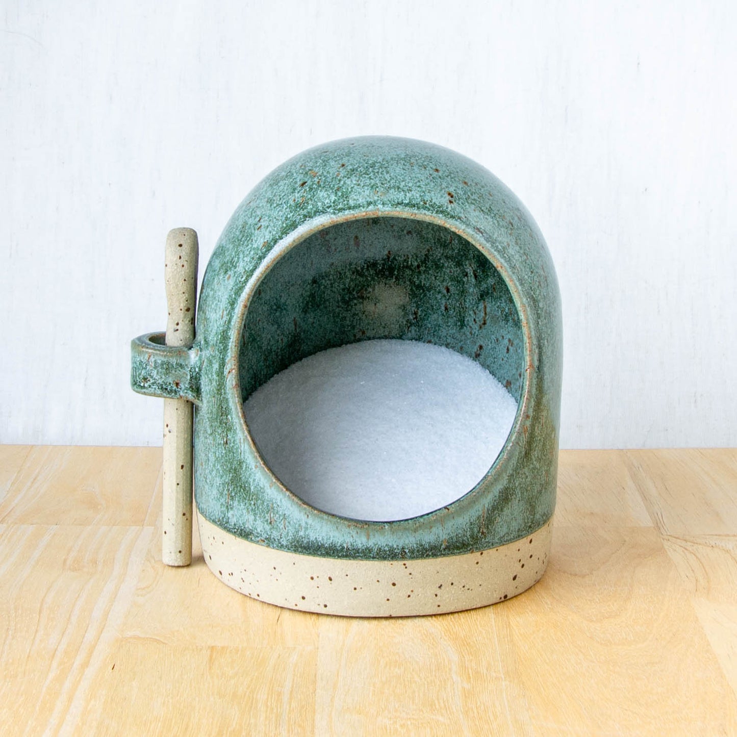 Salt Pig With Spoon Green Stone