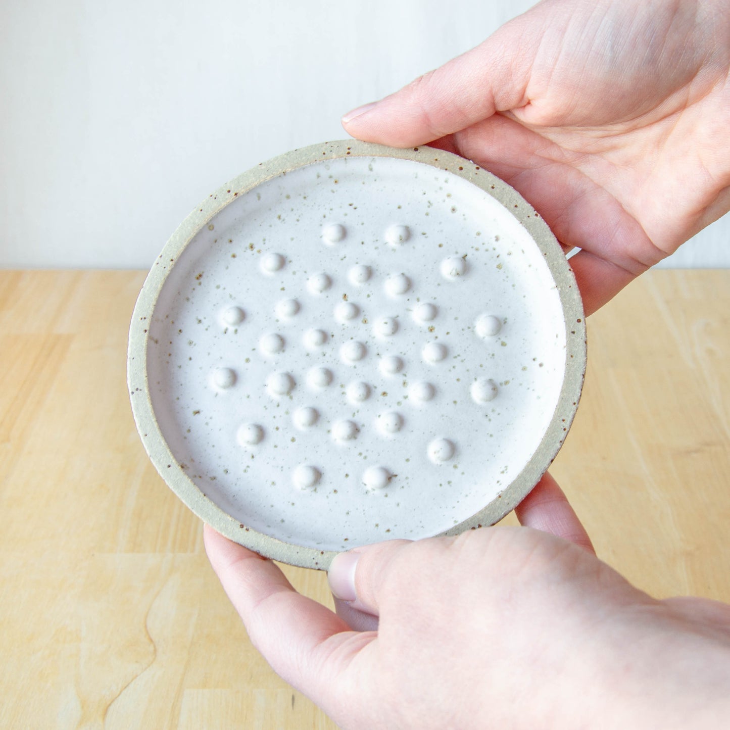 Ceramic soap dish handmade in New Zealand by Land and Line Ceramics. Modern rustic design with a wabi sabi, japandi style