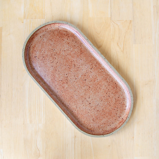 rounded oblong pill shaped plate handmade cheese board platter rustic tussock brown glaze