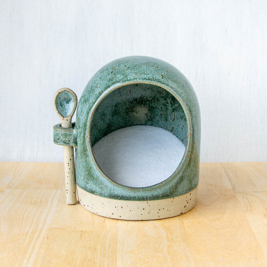 handmade ceramic salt pig. salt cellar with handmade spoon rustic green glaze