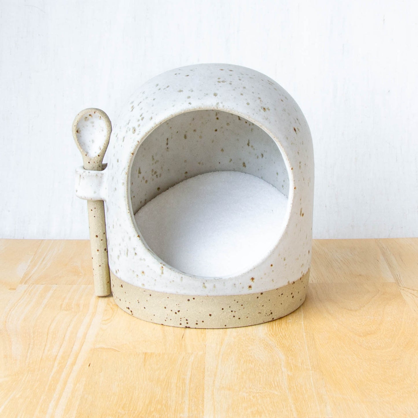handmade ceramic salt pig salt cellar with handmade spoon rustic white speckled glaze