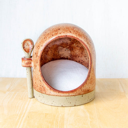 handmade ceramic salt pig salt cellar with handmade spoon rustic brown tussock glaze