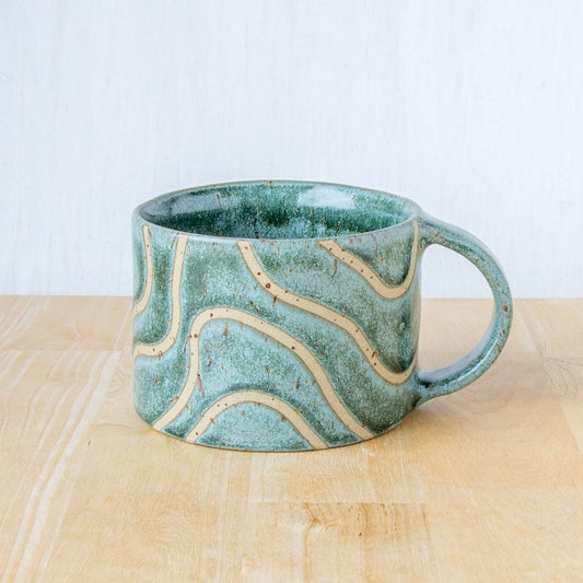 handmade mug with handle abstract topographical line art by Land and Line ceramics 