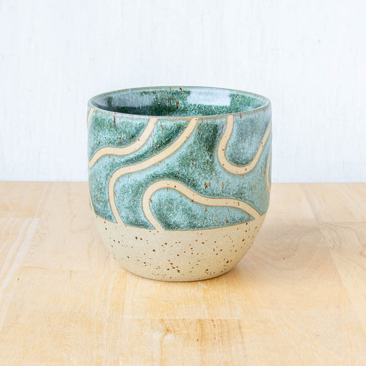 handmade mug tumbler without handle abstract topographical line art by Land and Line ceramics coffee cup