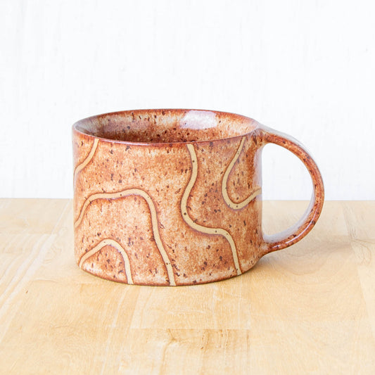 handmade mug with handle abstract topographical line art by Land and Line ceramics rustic glaze