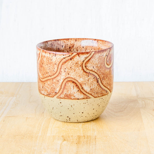 handmade mug without handle abstract topographical line art by Land and Line ceramics rustic brown and orange glaze