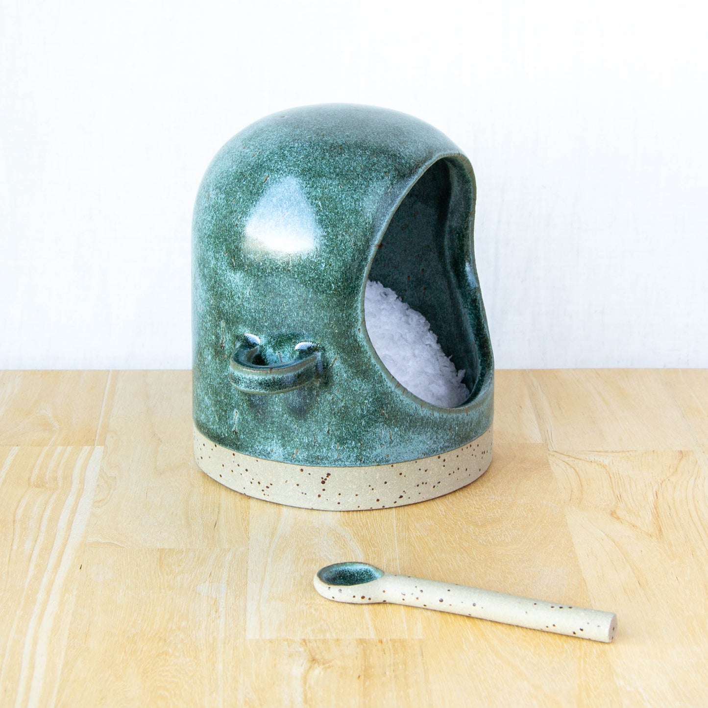 Salt Pig With Spoon Green Stone