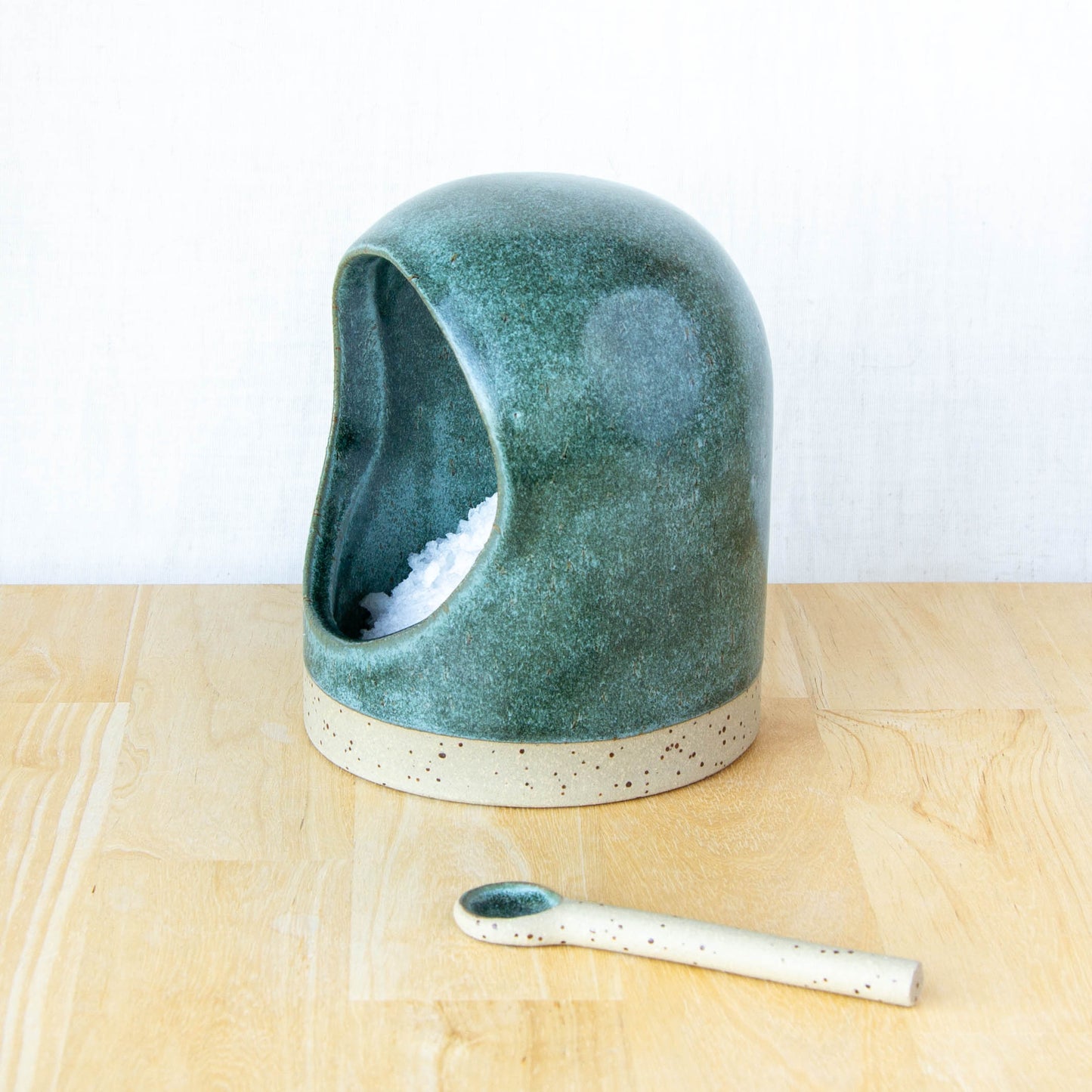 Salt Pig With Spoon Green Stone