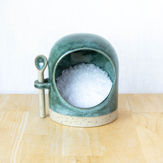 Salt Pig With Spoon Green Stone